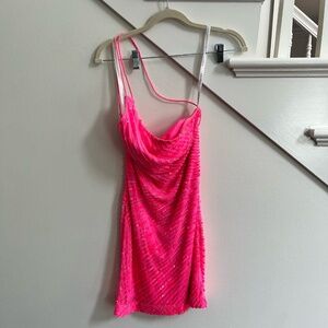 Amarra Hot Pink Mini Sequined One Shoulder Dress